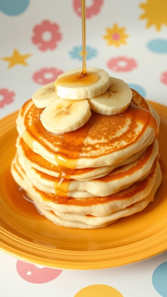 Fluffy Baby Pancakes for 6-Month-Olds Fluffy baby pancakes topped with banana slices on a colorful plate.